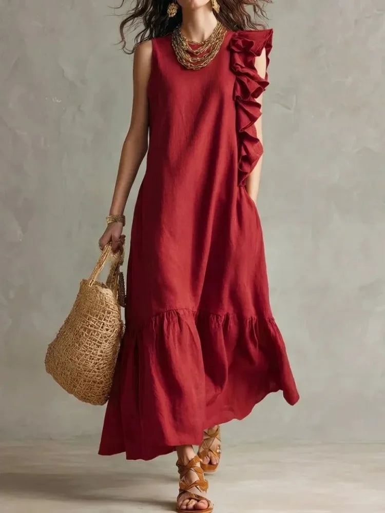 Women’s Boho Sleeveless Ruffle Maxi Dress – O Neck Loose Fit Irregular Hem Beach Sundress Summer 2026