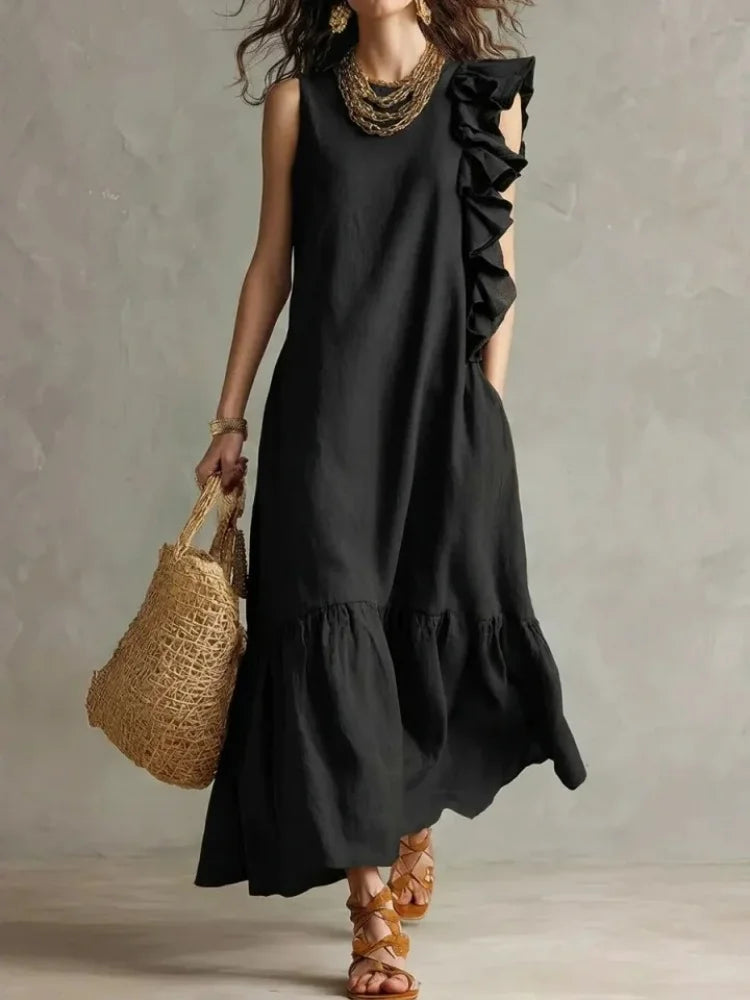 Women’s Boho Sleeveless Ruffle Maxi Dress – O Neck Loose Fit Irregular Hem Beach Sundress Summer 2026