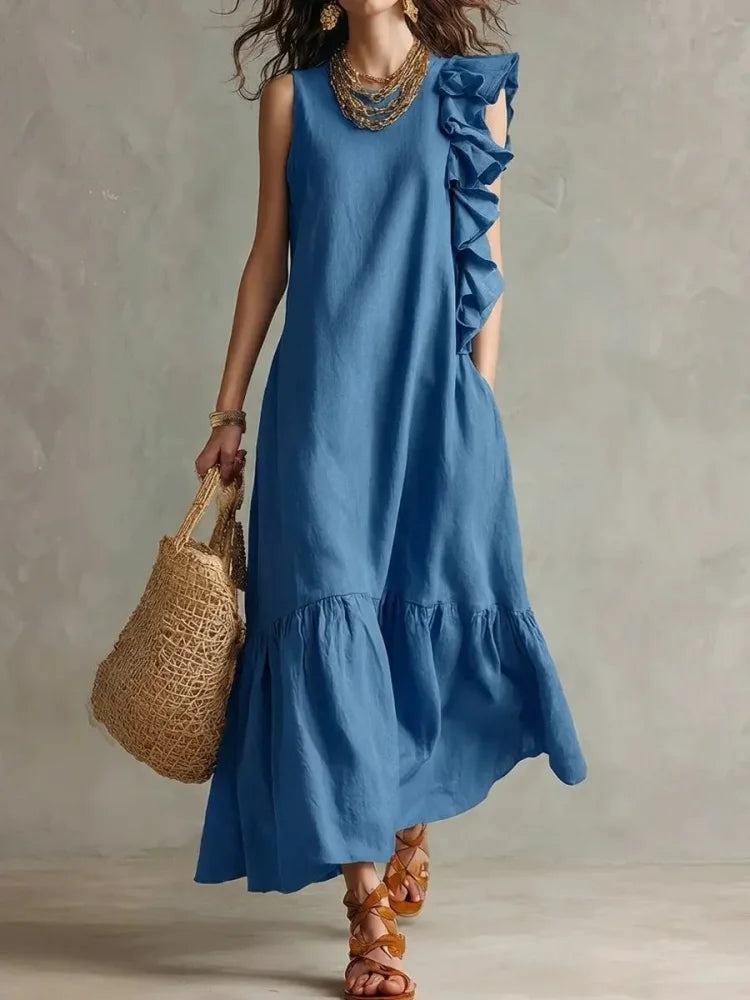 Women’s Boho Sleeveless Ruffle Maxi Dress – O Neck Loose Fit Irregular Hem Beach Sundress Summer 2026
