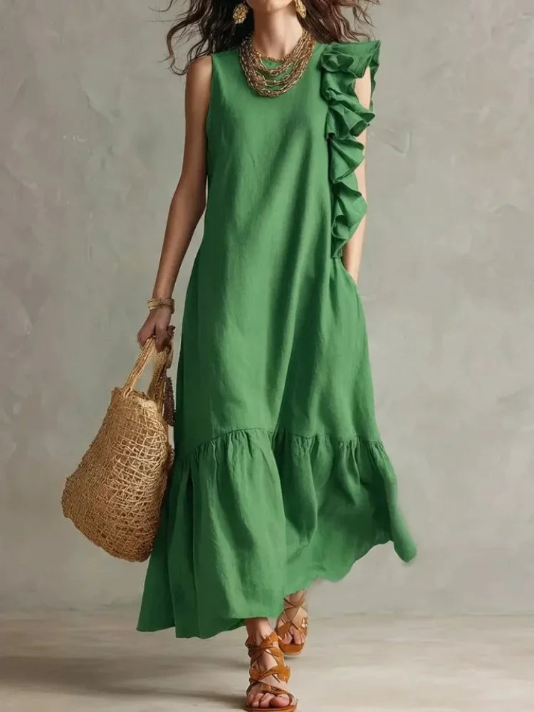 Women’s Boho Sleeveless Ruffle Maxi Dress – O Neck Loose Fit Irregular Hem Beach Sundress Summer 2026