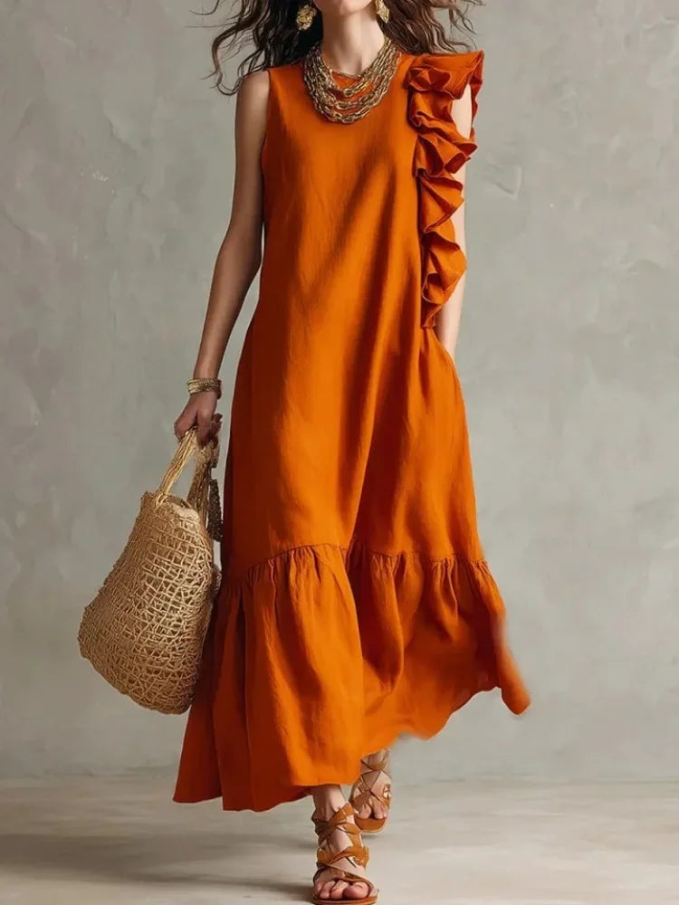 Women's Boho Sleeveless Ruffle Maxi Dress – O Neck Loose Fit Irregular – Cecuf