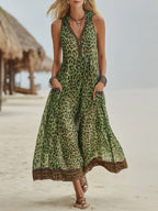 Women’s Vintage Leopard Print Hooded Maxi Dress – V-Neck Sleeveless Zipper Casual Summer Long Dress 2026