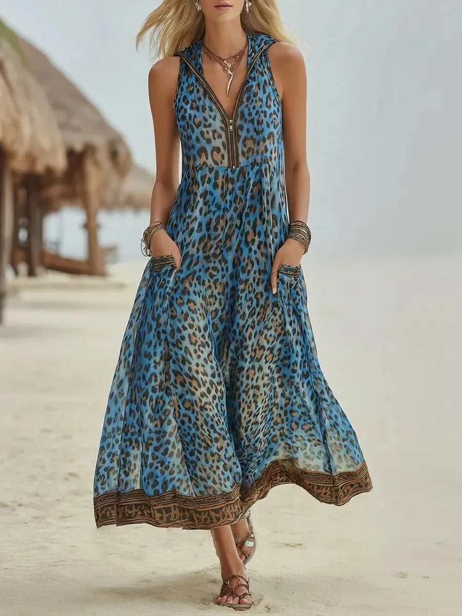 Women’s Vintage Leopard Print Hooded Maxi Dress – V-Neck Sleeveless Zipper Casual Summer Long Dress 2026