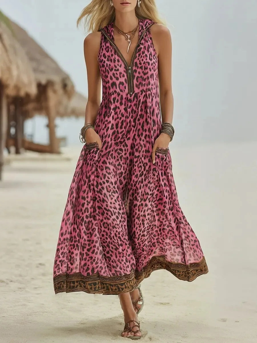 Women’s Vintage Leopard Print Hooded Maxi Dress – V-Neck Sleeveless Zipper Casual Summer Long Dress 2026