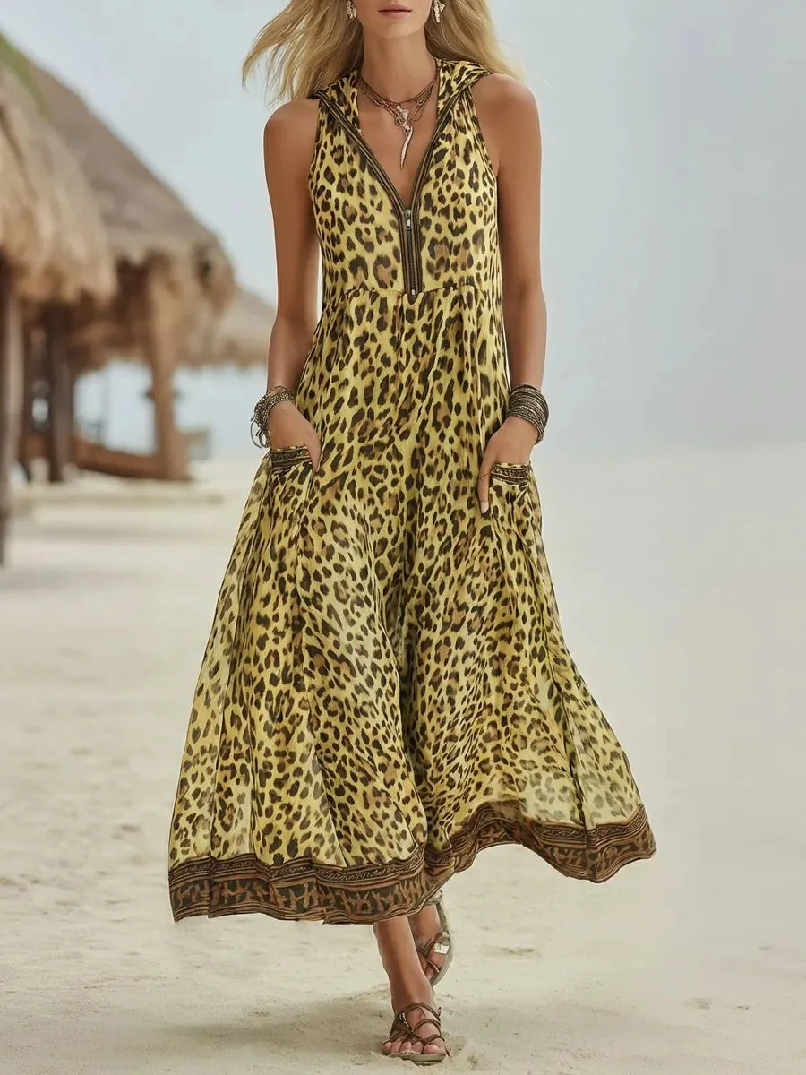 Women’s Vintage Leopard Print Hooded Maxi Dress – V-Neck Sleeveless Zipper Casual Summer Long Dress 2026