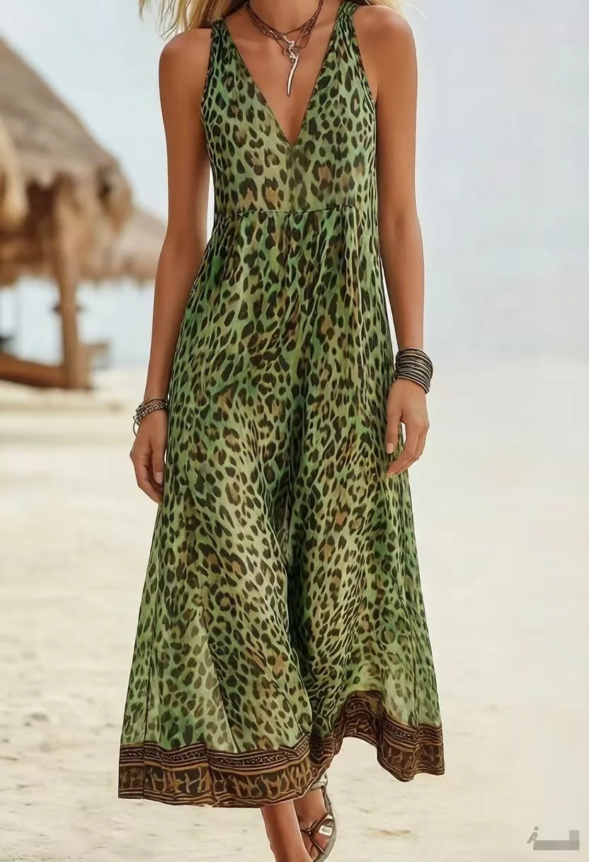 Women’s Vintage Leopard Print Hooded Maxi Dress – V-Neck Sleeveless Zipper Casual Summer Long Dress 2026