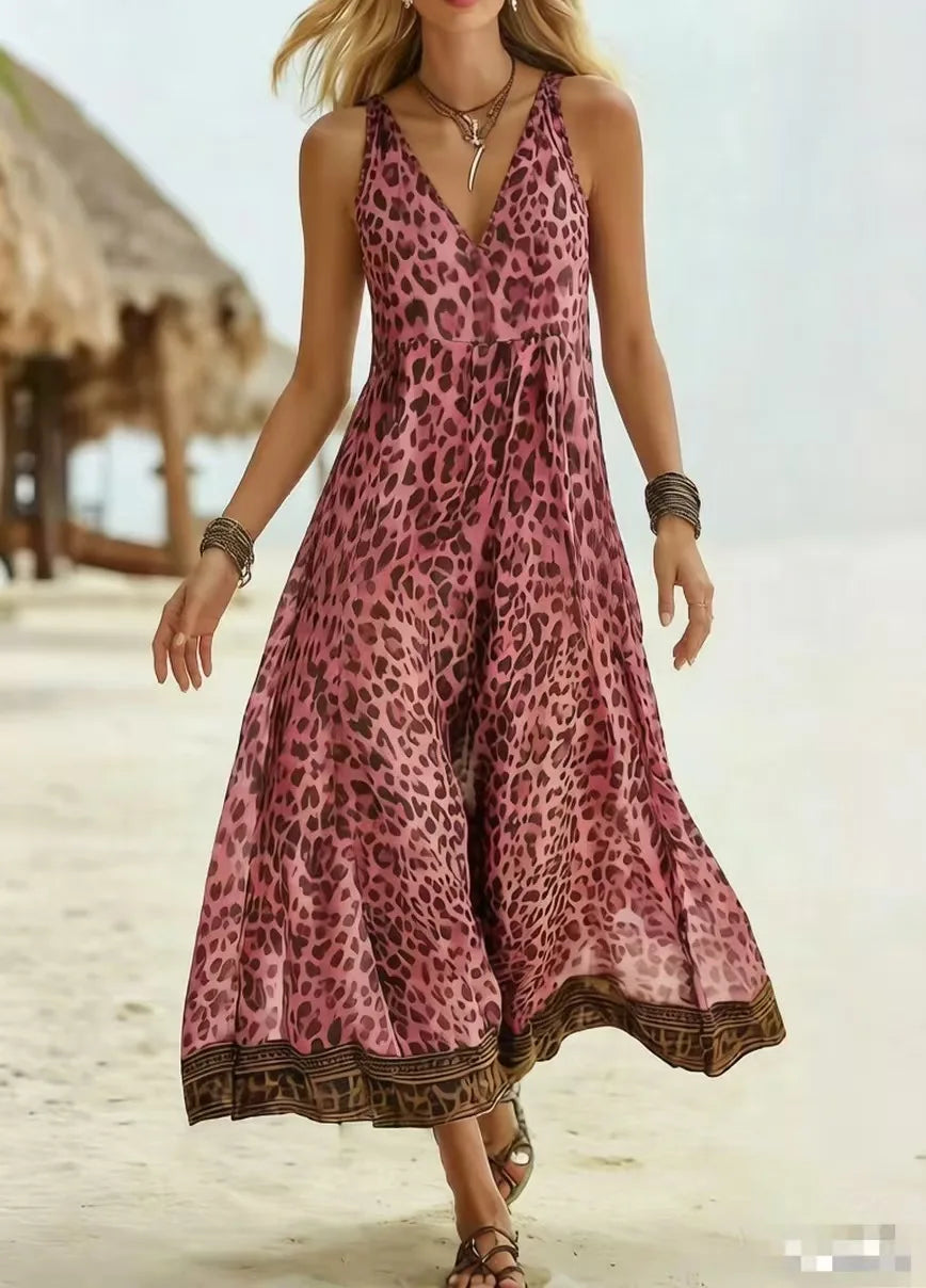 Women’s Vintage Leopard Print Hooded Maxi Dress – V-Neck Sleeveless Zipper Casual Summer Long Dress 2026