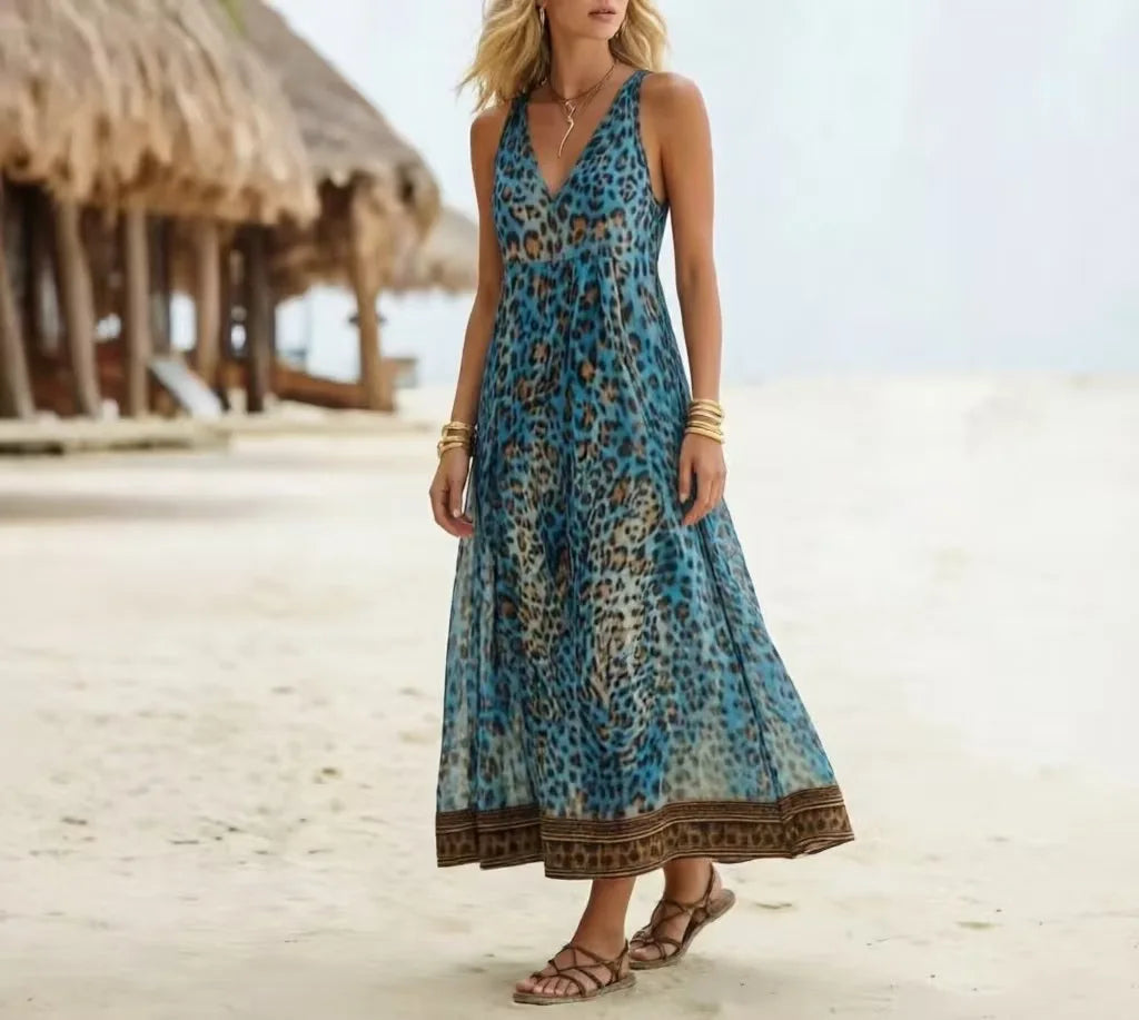 Women’s Vintage Leopard Print Hooded Maxi Dress – V-Neck Sleeveless Zipper Casual Summer Long Dress 2026