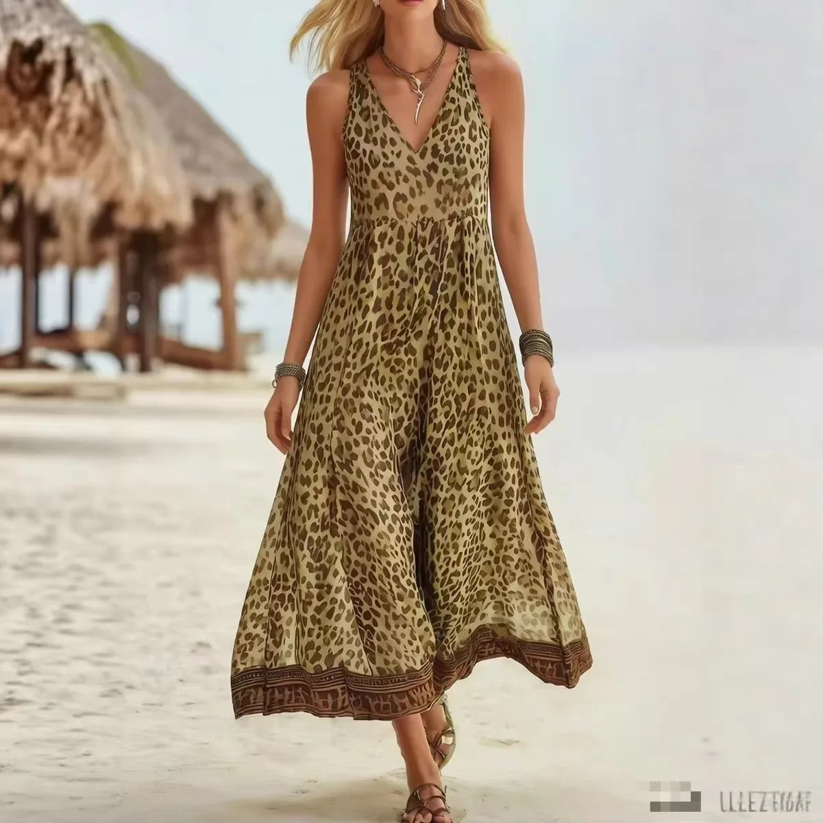 Women’s Vintage Leopard Print Hooded Maxi Dress – V-Neck Sleeveless Zipper Casual Summer Long Dress 2026