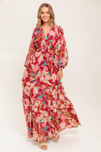 Women’s Printed V-Neck Smocked Waist Long Sleeve Maxi Dress with Ruffled Hem
