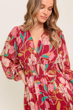 Women’s Printed V-Neck Smocked Waist Long Sleeve Maxi Dress with Ruffled Hem