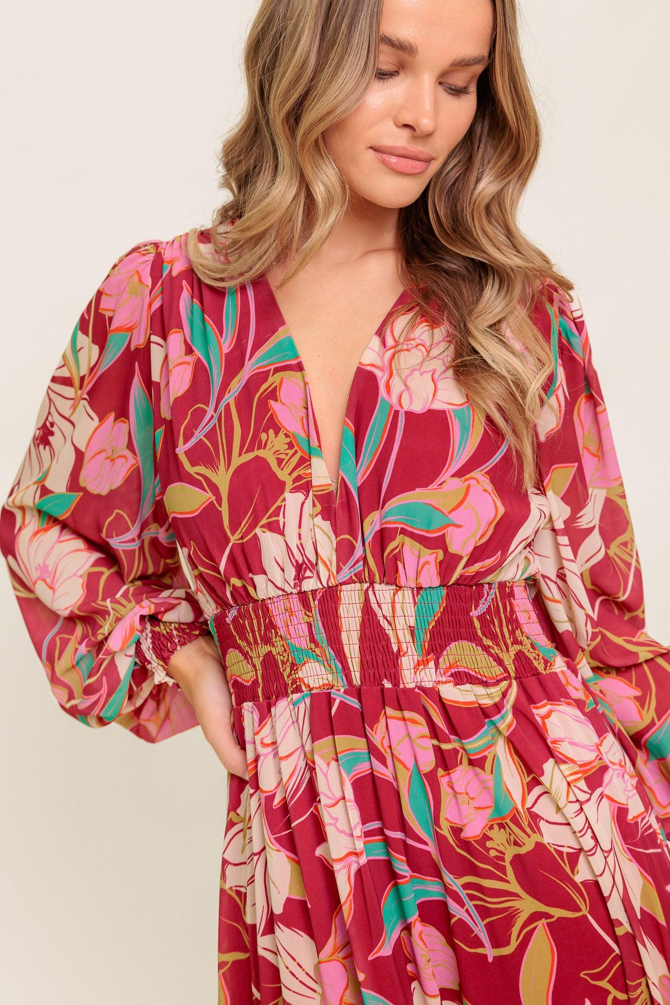 Women’s Printed V-Neck Smocked Waist Long Sleeve Maxi Dress with Ruffled Hem