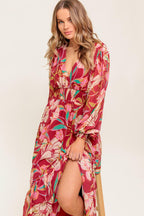 Women’s Printed V-Neck Smocked Waist Long Sleeve Maxi Dress with Ruffled Hem