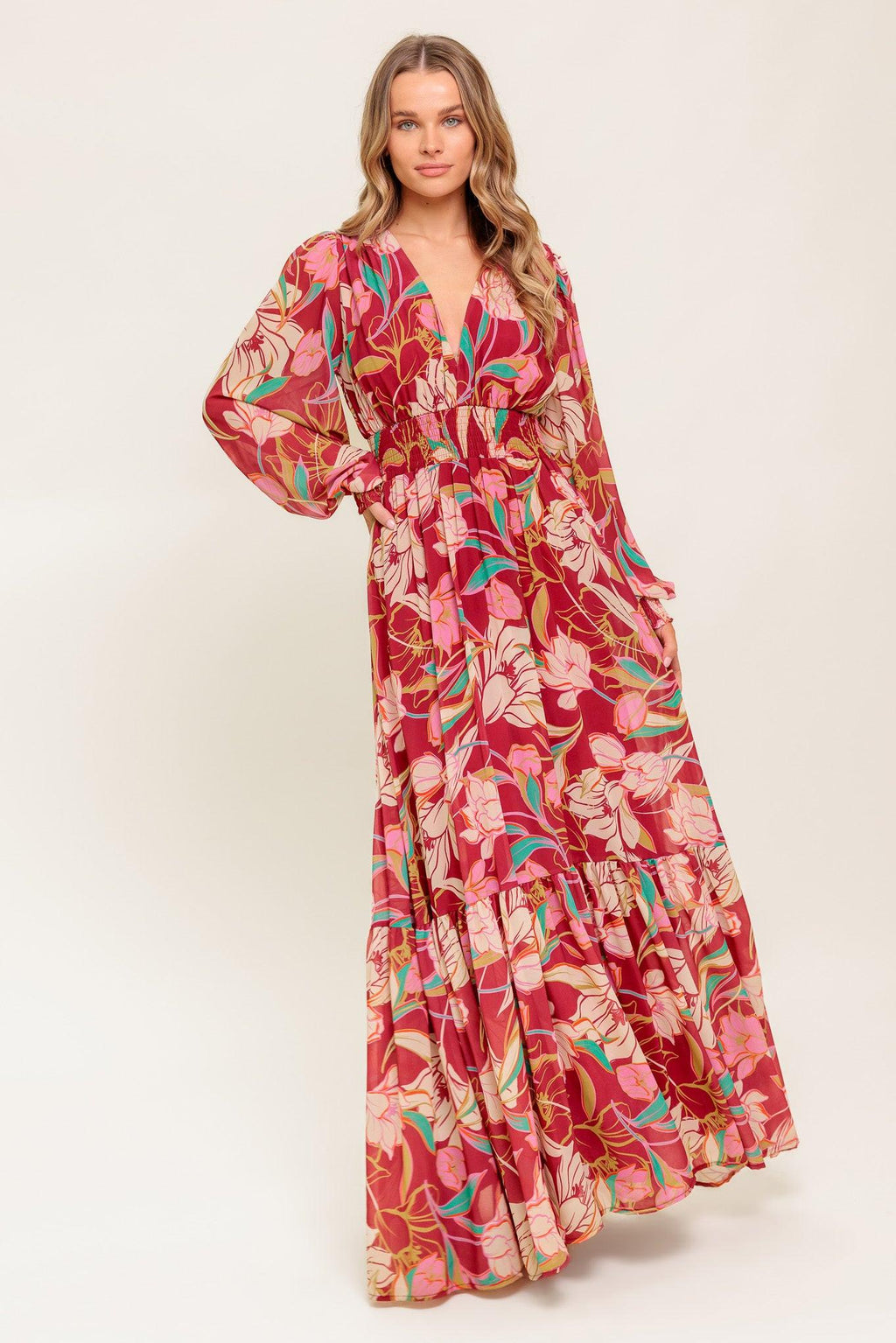 Women’s Printed V-Neck Smocked Waist Long Sleeve Maxi Dress with Ruffled Hem