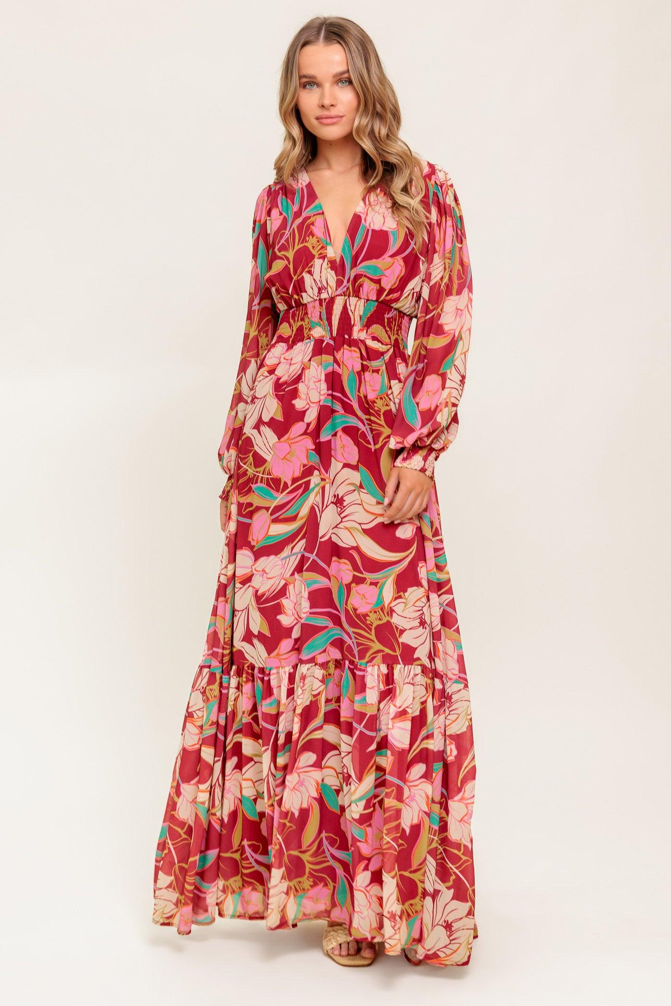 Women’s Printed V-Neck Smocked Waist Long Sleeve Maxi Dress with Ruffled Hem
