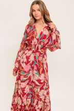 Women’s Printed V-Neck Smocked Waist Long Sleeve Maxi Dress with Ruffled Hem