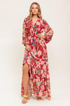 Women’s Printed V-Neck Smocked Waist Long Sleeve Maxi Dress with Ruffled Hem