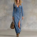Women’s Soft Denim Deep V-Neck Maxi Dress – Long Sleeve Asymmetrical Button Elegant Casual Dress