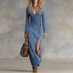 Women’s Soft Denim Deep V-Neck Maxi Dress – Long Sleeve Asymmetrical Button Elegant Casual Dress