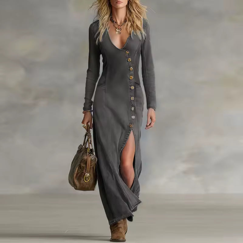 Women’s Soft Denim Deep V-Neck Maxi Dress – Long Sleeve Asymmetrical Button Elegant Casual Dress