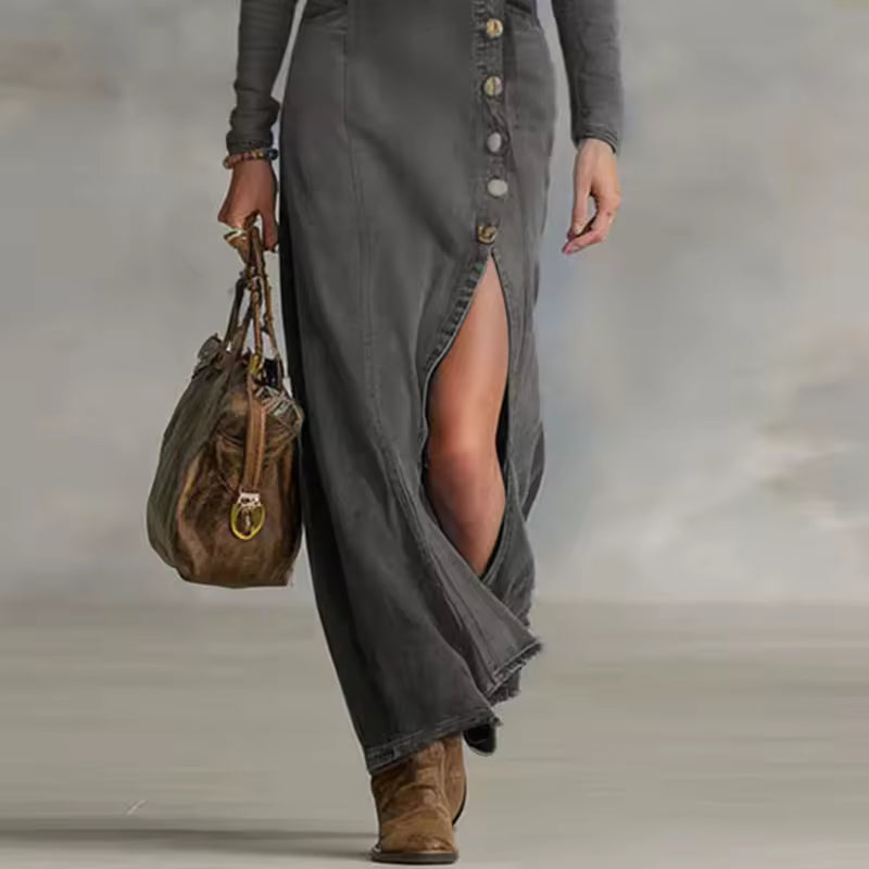 Women’s Soft Denim Deep V-Neck Maxi Dress – Long Sleeve Asymmetrical Button Elegant Casual Dress