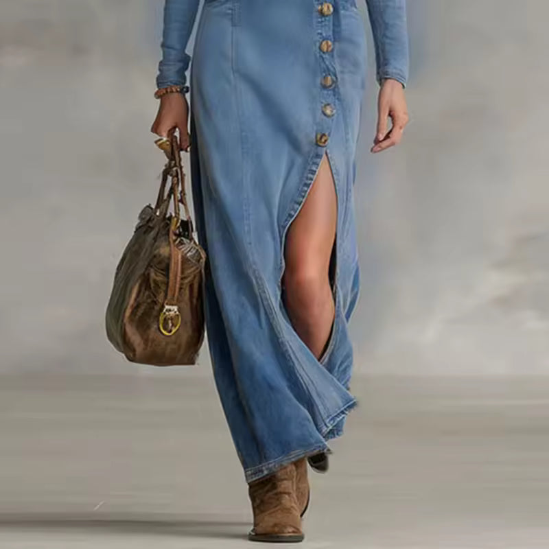 Women’s Soft Denim Deep V-Neck Maxi Dress – Long Sleeve Asymmetrical Button Elegant Casual Dress