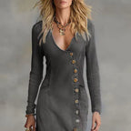 Women’s Soft Denim Deep V-Neck Maxi Dress – Long Sleeve Asymmetrical Button Elegant Casual Dress
