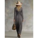 Women’s Soft Denim Deep V-Neck Maxi Dress – Long Sleeve Asymmetrical Button Elegant Casual Dress