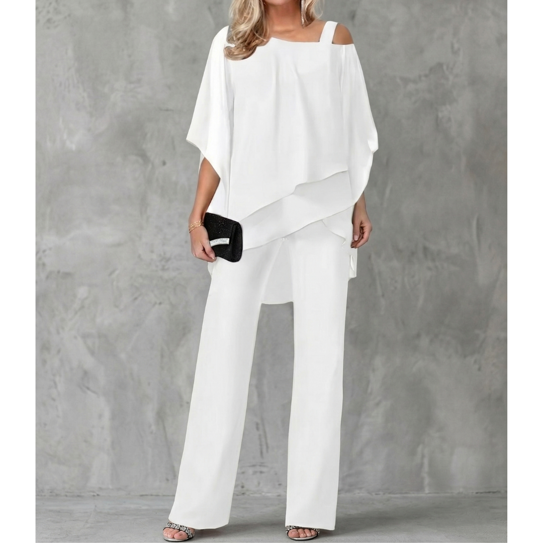 Women’s Elegant Chiffon Two-Piece Set – One-Shoulder Asymmetric Top & Wide-Leg Pants Formal Co-Ord Outfit