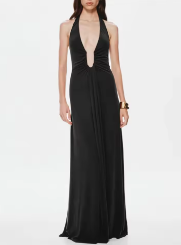 Women’s Halter Neck Maxi Dress – Goddess Draped Elegant Evening Gown