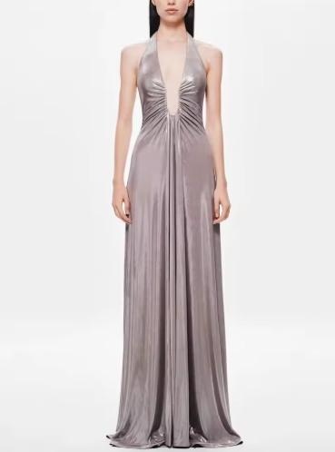 Women’s Halter Neck Maxi Dress – Goddess Draped Elegant Evening Gown
