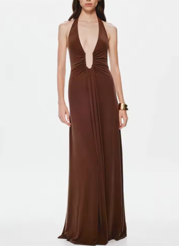 Women’s Halter Neck Maxi Dress – Goddess Draped Elegant Evening Gown