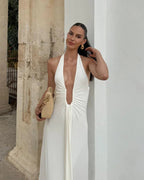 Women’s Halter Neck Maxi Dress – Goddess Draped Elegant Evening Gown