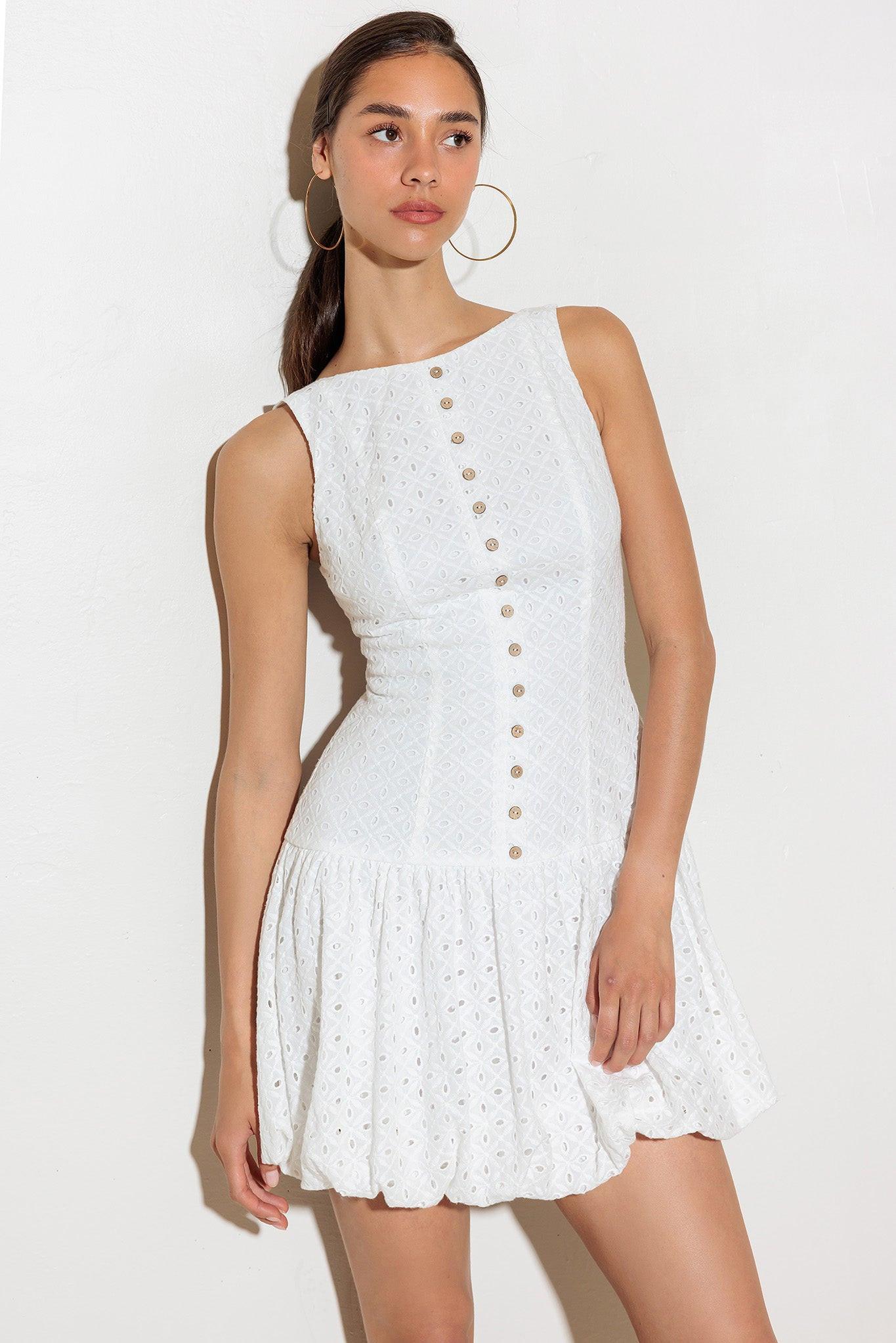 Women’s Eyelet Textured Cotton Mini Dress with Round Neck, Sleeveless Design & Dropped Waist