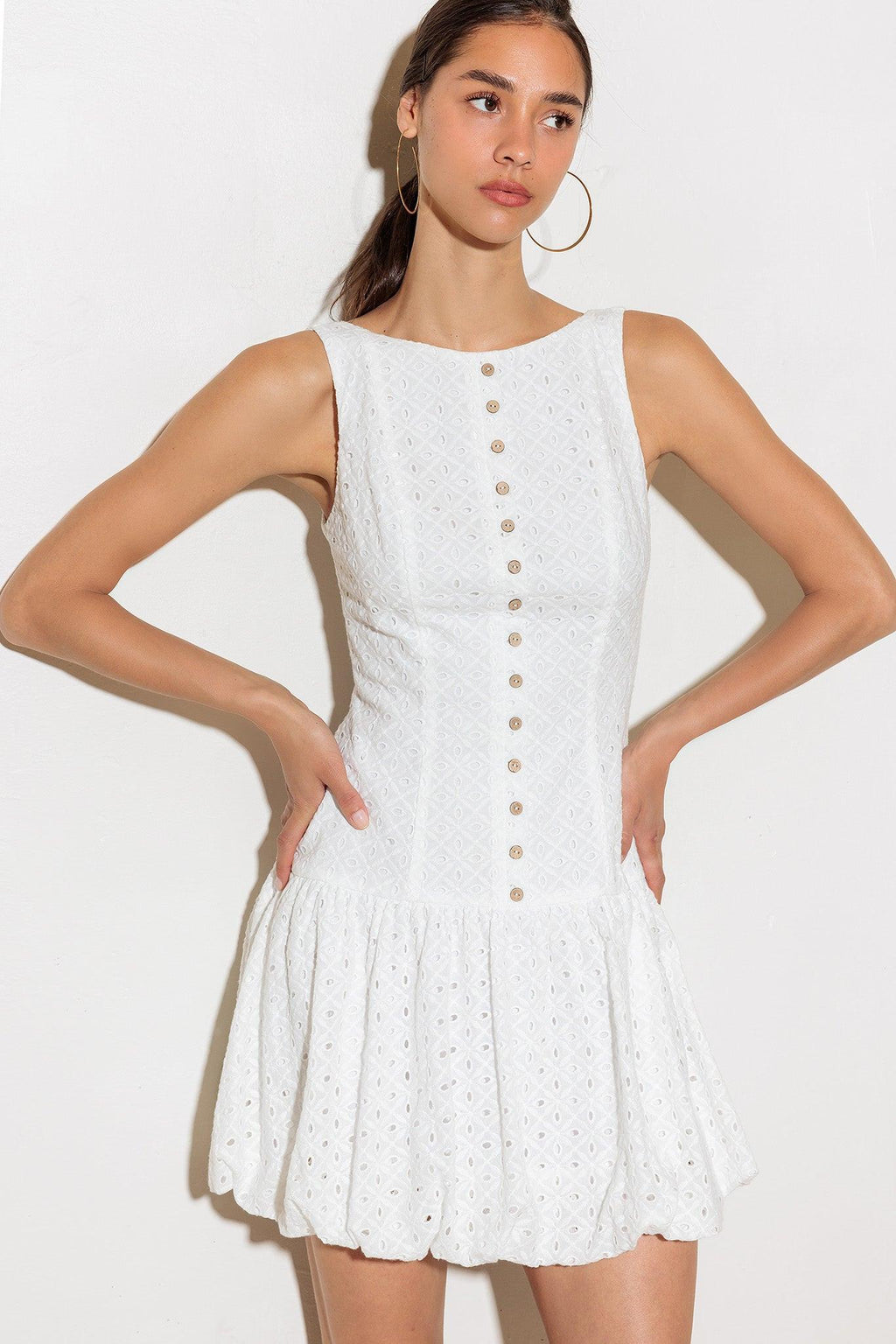 Women’s Eyelet Textured Cotton Mini Dress with Round Neck, Sleeveless Design & Dropped Waist