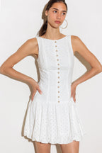 Women’s Eyelet Textured Cotton Mini Dress with Round Neck, Sleeveless Design & Dropped Waist