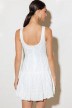 Women’s Eyelet Textured Cotton Mini Dress with Round Neck, Sleeveless Design & Dropped Waist