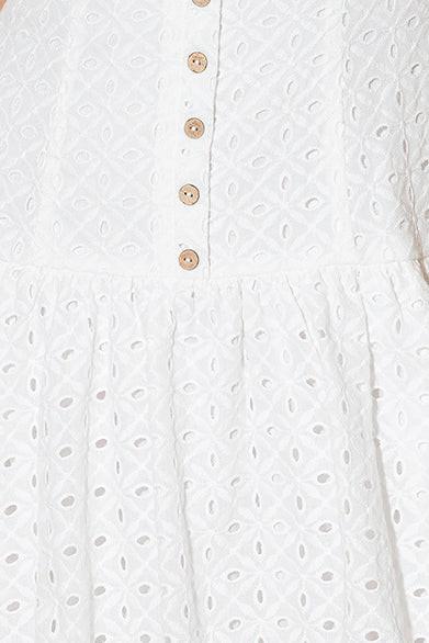 Women’s Eyelet Textured Cotton Mini Dress with Round Neck, Sleeveless Design & Dropped Waist