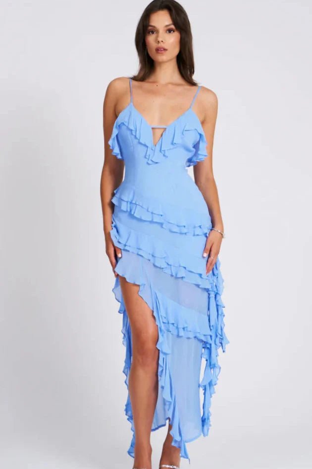 Women’s Ruffled Asymmetrical Spaghetti Strap Dress – Light Blue Bodycon Summer Occasion Dress