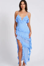 Women’s Ruffled Asymmetrical Spaghetti Strap Dress – Light Blue Bodycon Summer Occasion Dress