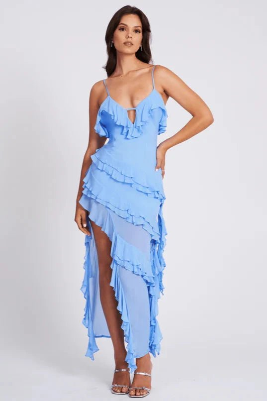 Women’s Ruffled Asymmetrical Spaghetti Strap Dress – Light Blue Bodycon Summer Occasion Dress