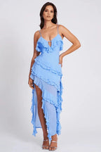 Women’s Ruffled Asymmetrical Spaghetti Strap Dress – Light Blue Bodycon Summer Occasion Dress