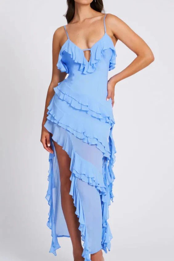 Women’s Ruffled Asymmetrical Spaghetti Strap Dress – Light Blue Bodycon Summer Occasion Dress