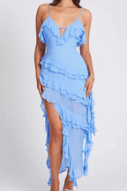 Women’s Ruffled Asymmetrical Spaghetti Strap Dress – Light Blue Bodycon Summer Occasion Dress