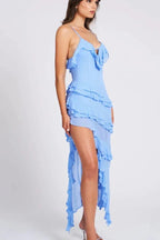 Women’s Ruffled Asymmetrical Spaghetti Strap Dress – Light Blue Bodycon Summer Occasion Dress