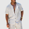Men’s Textured Cotton Blend Two-Piece Set – Short Sleeve Button-Up Shirt & Drawstring Shorts Summer Outfit
