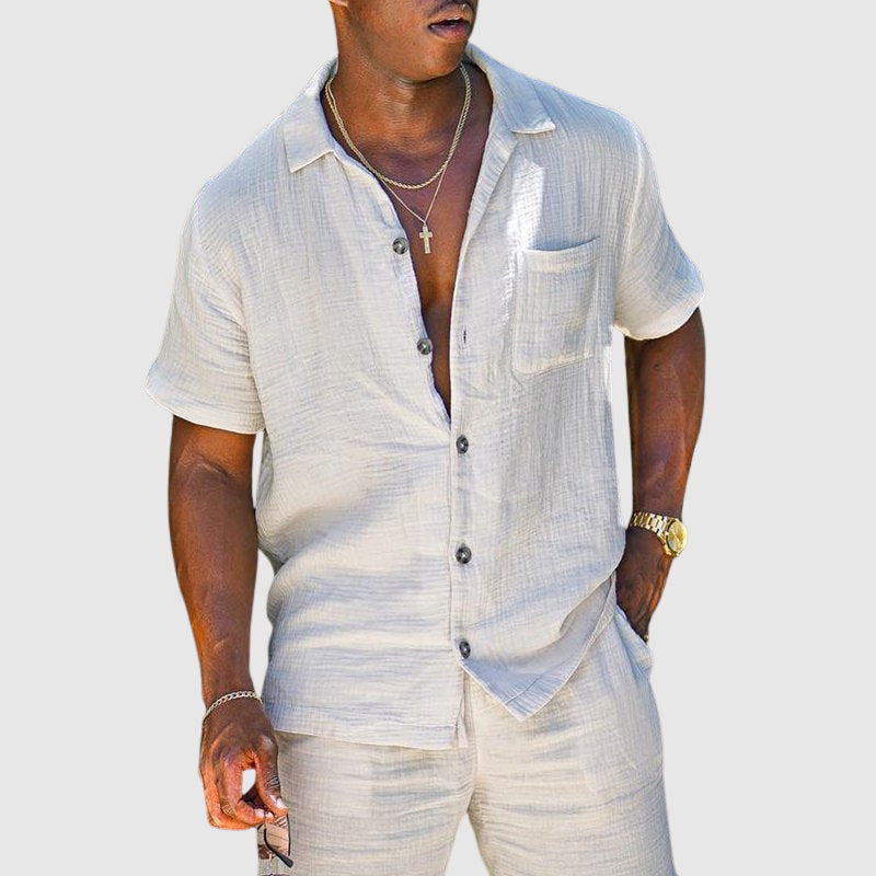 Men’s Textured Cotton Blend Two-Piece Set – Short Sleeve Button-Up Shirt & Drawstring Shorts Summer Outfit