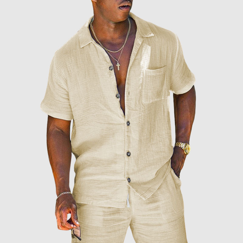 Men’s Textured Cotton Blend Two-Piece Set – Short Sleeve Button-Up Shirt & Drawstring Shorts Summer Outfit