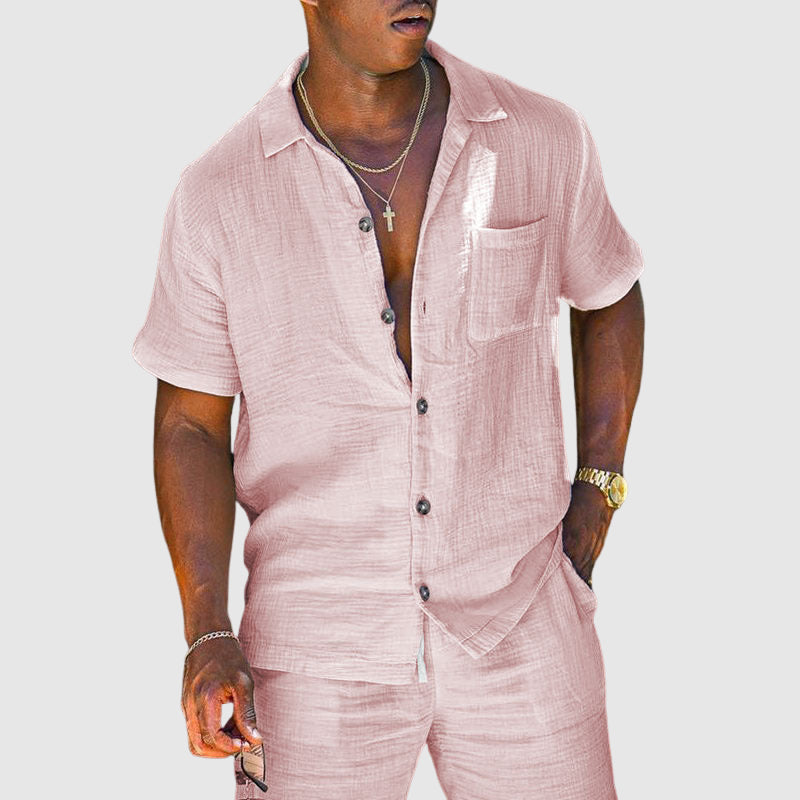 Men’s Textured Cotton Blend Two-Piece Set – Short Sleeve Button-Up Shirt & Drawstring Shorts Summer Outfit