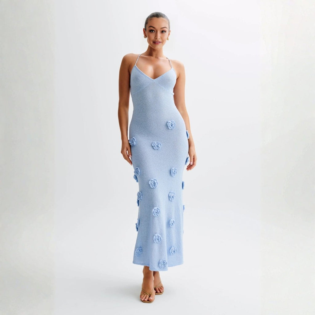 Women’s Celestial Blue Shimmer Knit Halter Maxi Dress – 3D Rosette Backless Evening Gown for Weddings, Cocktail Parties & Formal Events